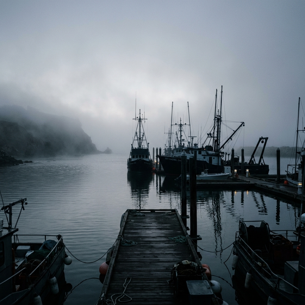 Misty coastal harbor background